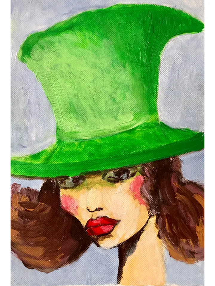 Girl in Green Hat Painting, Original Female Portrait Painting