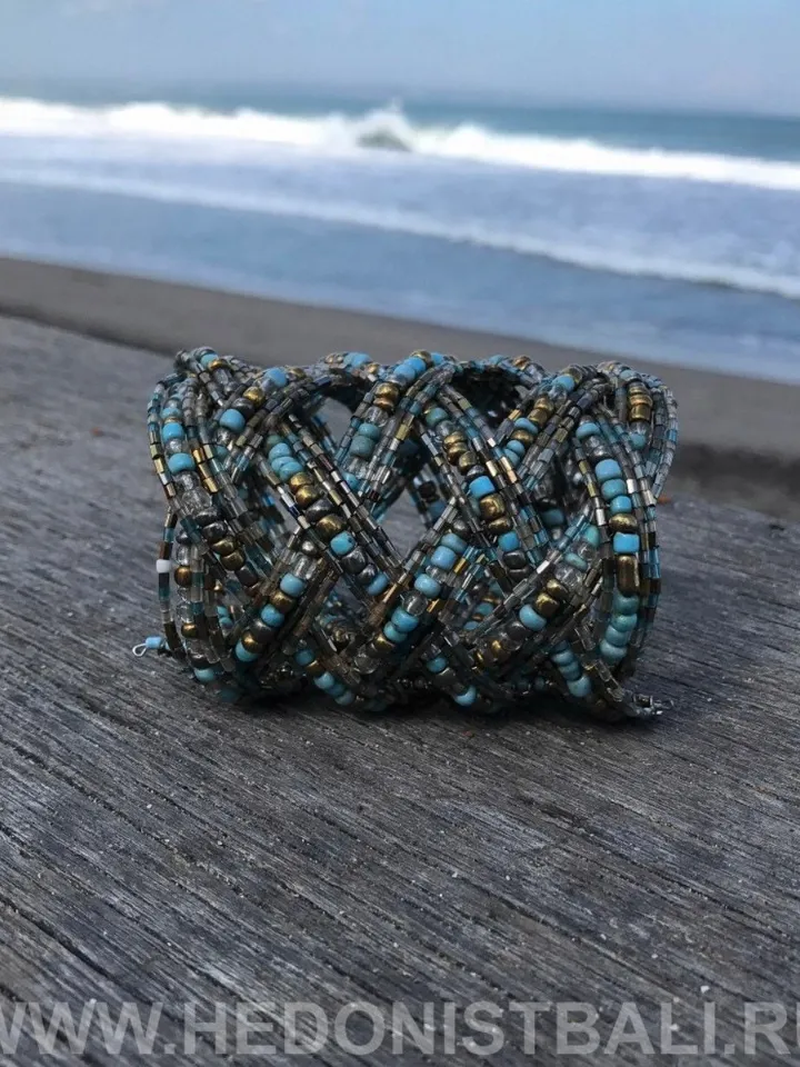 Wide Bead Handmade Bracelet Blue Silver | Boho summer wide bracelet | Summer Handmade Elegant Bracelet | Bead Handmade Hippie Bracelet Wide