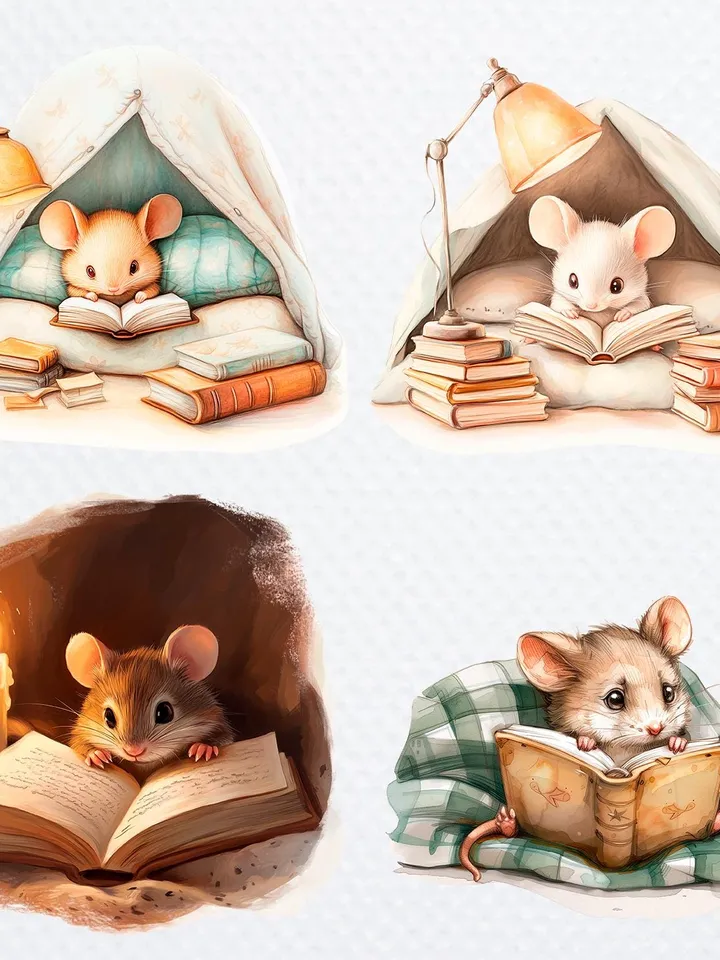 13 Mouse Reading Book PNG Bundle, Mouse Bedroom Watercolor clipart for sublimation, High Quality PNGs, Digital Paper crafts, junk journal