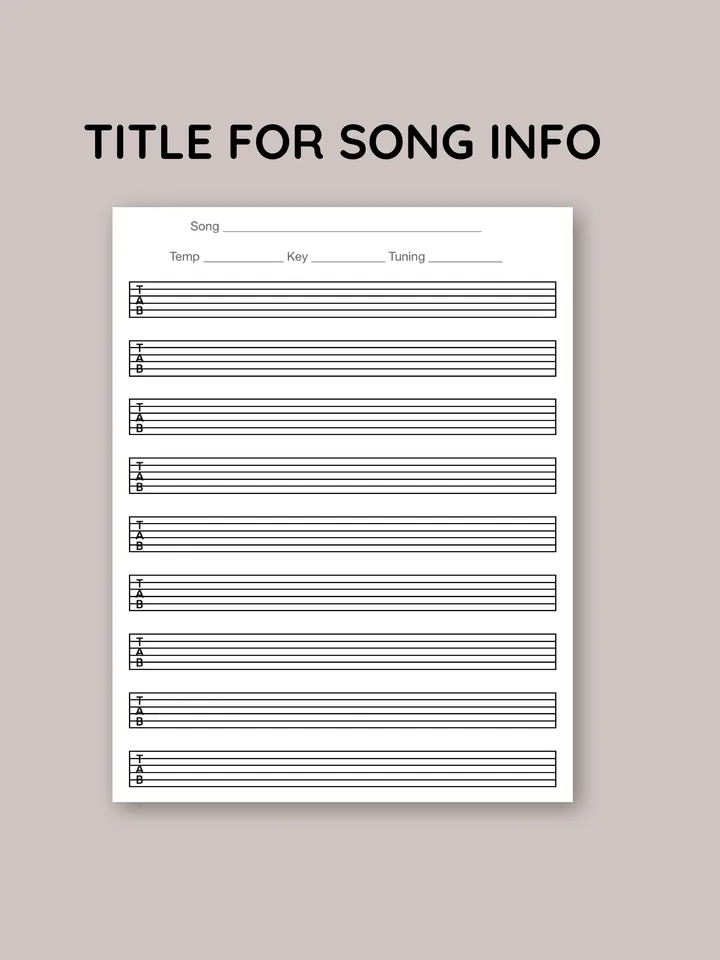 Printable guitar tab paper. Blank guitar tab printable. Guitar tablature paper. Blank guitar music sheet with TAB clef