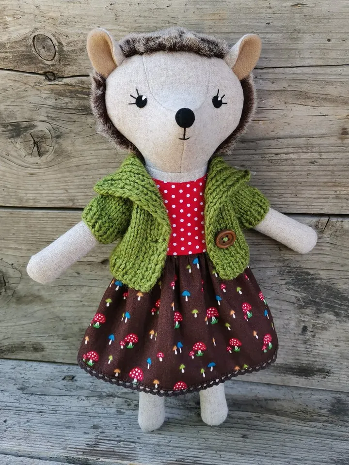Hedgehog girl, wool plush animal toy, stuffed soft doll, hedgehog fabric toy