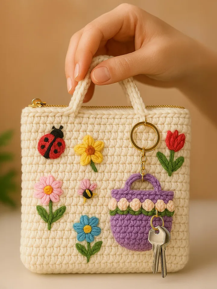 Floral Crochet Bag Keychain PDF Pattern – Mini Flower Purse Keyring Tutorial – Cute Handmade DIY Charm Digital Download