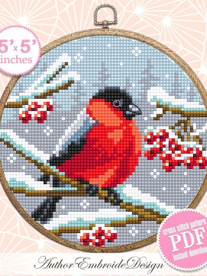 Bullfinch cross stitch pattern PDF download Winter red bird cross stitch chart, Christmas pattern digital PDF Snow nature cross stitch #N167