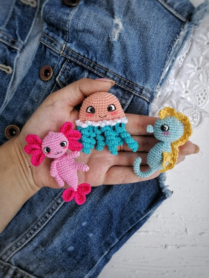 PDF Crochet Sea Brooches SET Pattern: Axolotl Seahorse Jellyfish Crochet Animal Pattern Small Crochet Pattern Brooch Amigurumi Easy Pattern