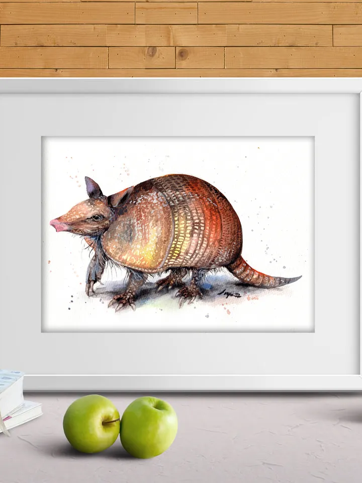 Armadillo original watercolor, animals painting, wall decor, 7x10 in art for animal lovers by Anne Gorywine