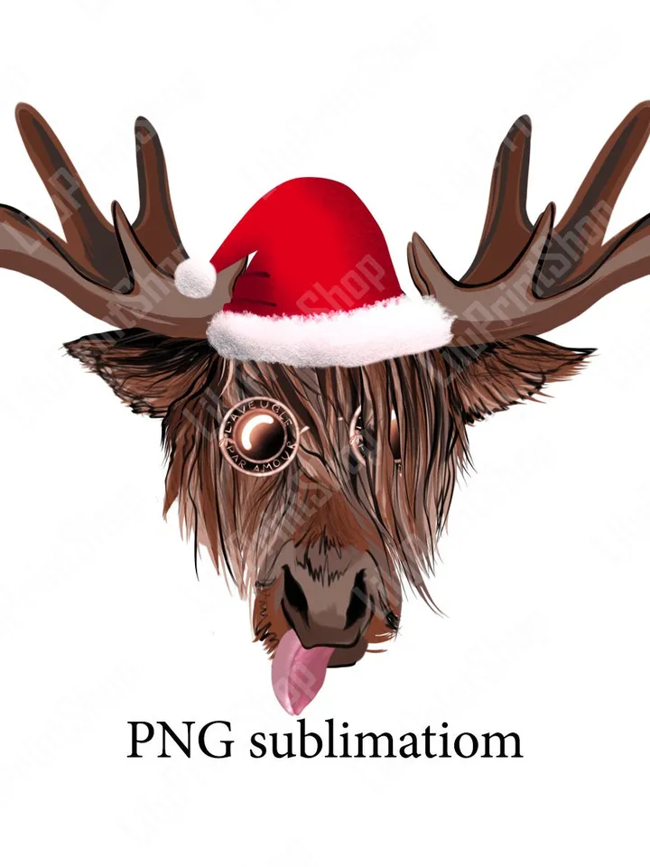 Christmas Deer with Santa Hat Png clipart Funny Moose stick the tongue Sublimation Hand Drawn Christmas reindeer red hat clipart overlay