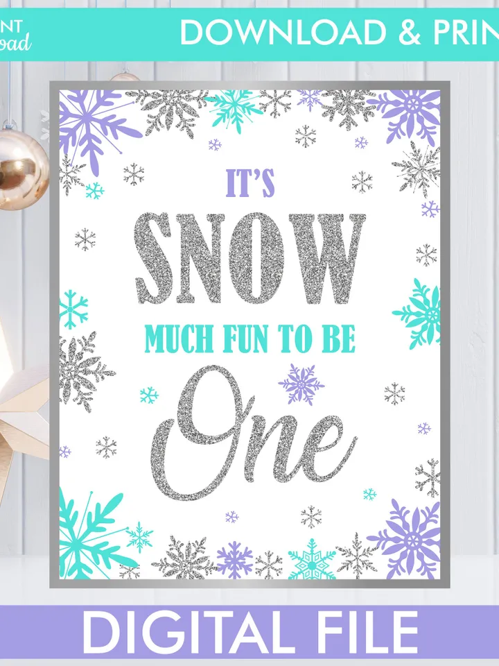 Winter Onederland Signs, Winter Onederland Birthday Girl Decorations, Purple Teal Snowflakes First Birthday Decorations Instant Download