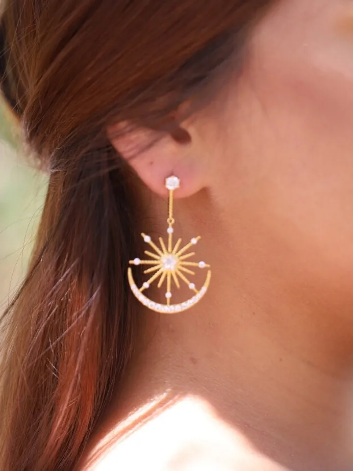 Big Star Gold Art deco Wedding Earrings For Bride, Celestial Statement Bridal Earrings, Swarovski crystal Wedding Earrings, Boho Jewelry