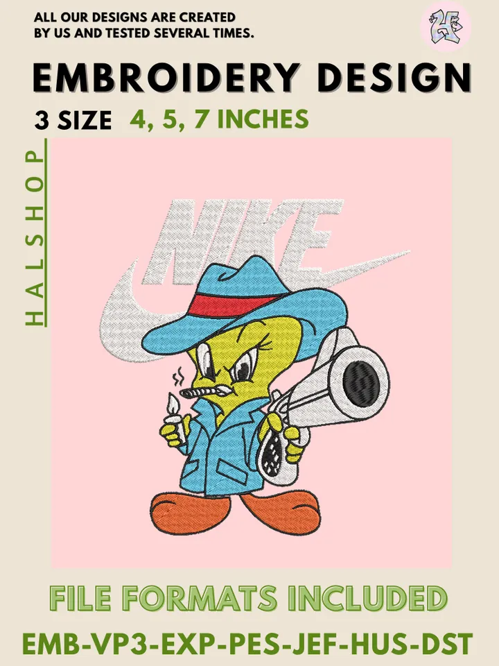 Tweety x Nike Machine Embroidery Design – Looney Tunes Cartoon Digital Embroidery File 🐤