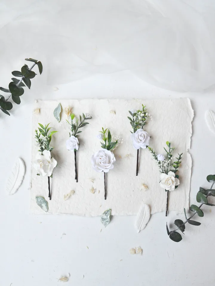 White hair clip, Wedding hair accessories, Bridal hair pins, Flower accessories