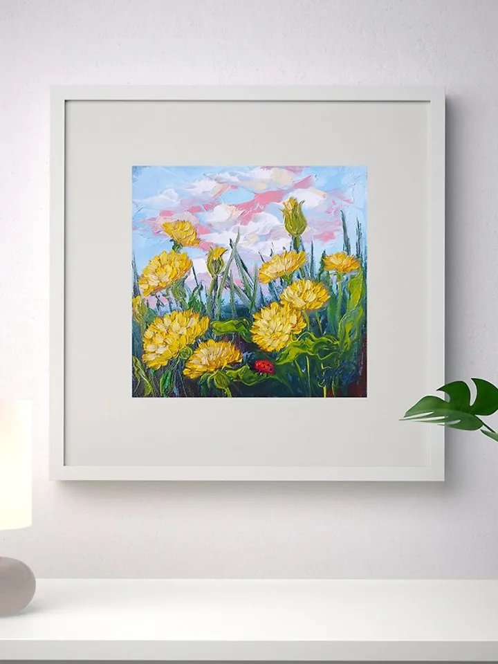 Dandelions Painting Ladybug Original Art Wildflower Wall Art Small Oil Painting