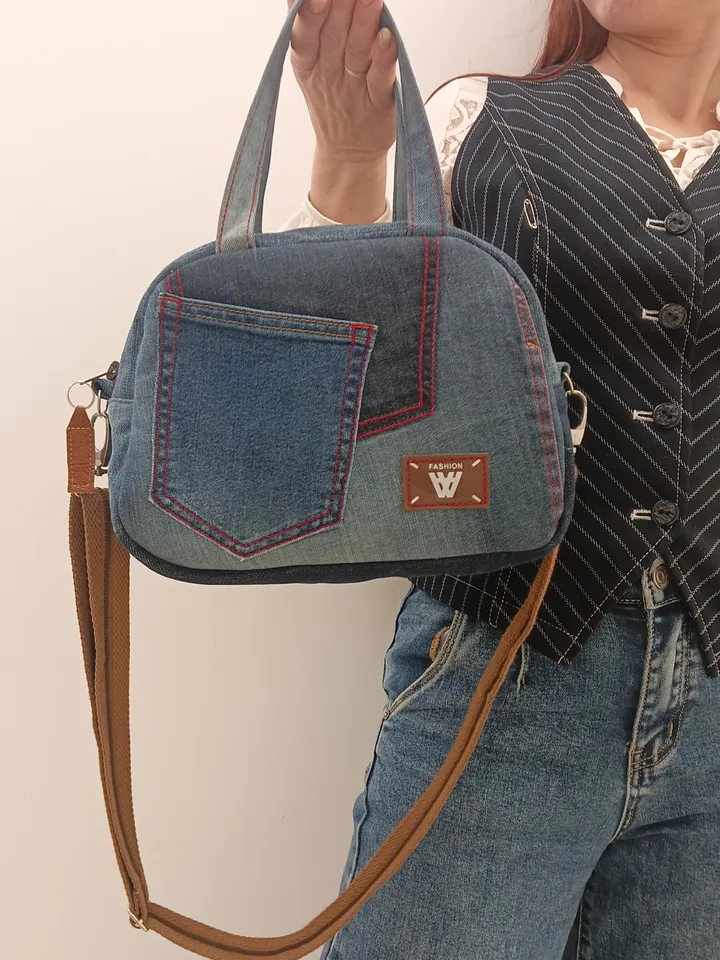 Cute crossbody denim bag, shoulder jeans bag, recycled jeans fabric, boho bag with pockets outside and inside