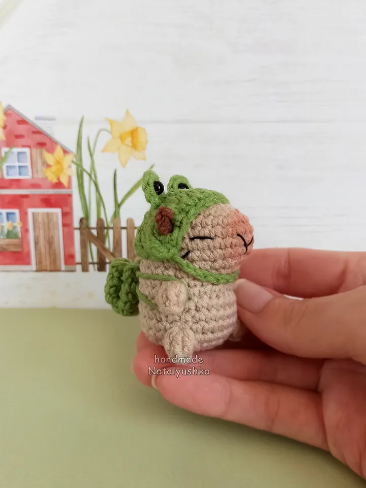 Capybara toy in costume, Capybara frog, Capybara strawberry, Crocheted small Capybara, Kawaii.