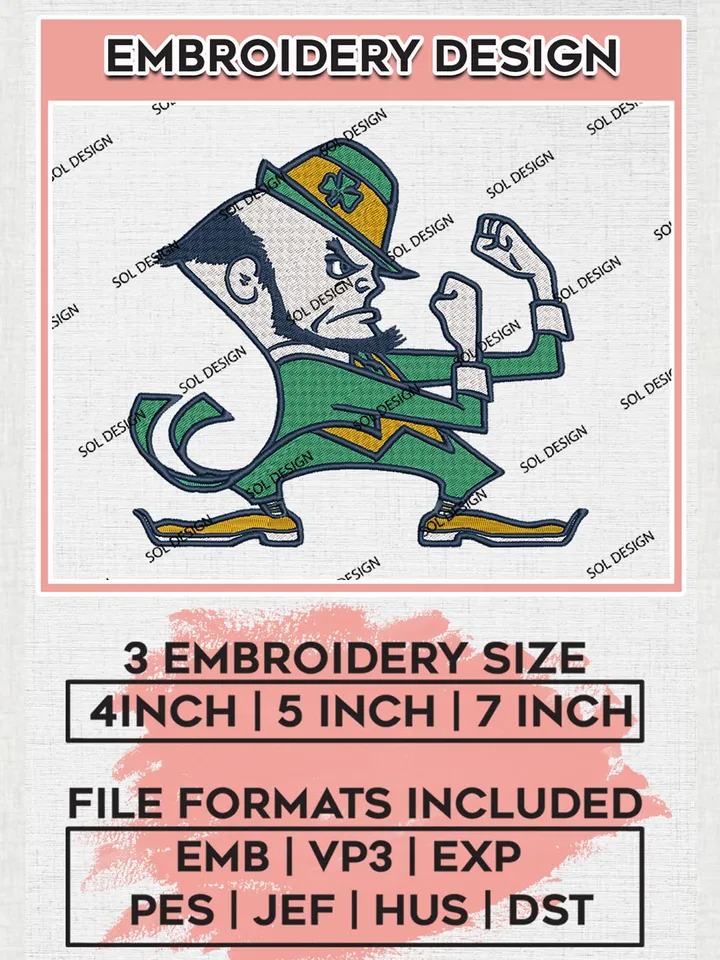 Notre Dame Fighting Irish Mascot Embroidery Designs, NCAA Logo Embroidery Files, NCAA Notre Dame Fighting Irish Logo, NCAA Embroidery Designs, Machine Embroidery Designs, Digital Download