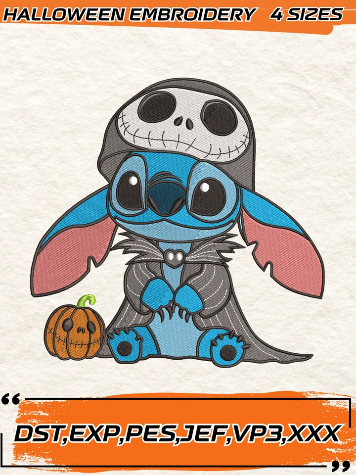 Stitch Jack Skellington Embroidery Designs, Halloween Embroidery Design, 4 Sizes , Digital Download