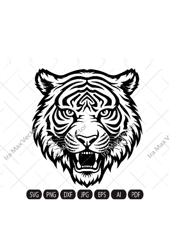 Angry tiger roaring face outline clipart SVG, Tiger head svg, Tiger Face svg,Tiger logo, cut file, sublimation