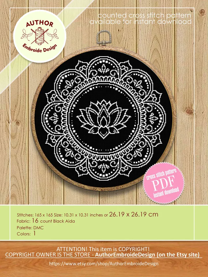 Lotus mandala cross stitch pattern download PDF Flower lotus cross stitch chart, Floral mandala pattern digital PDF Mandala embroidery #M151