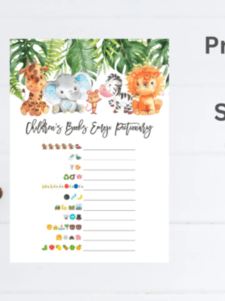 Printable Safari animal Baby Shower Emoji Pictionary Game