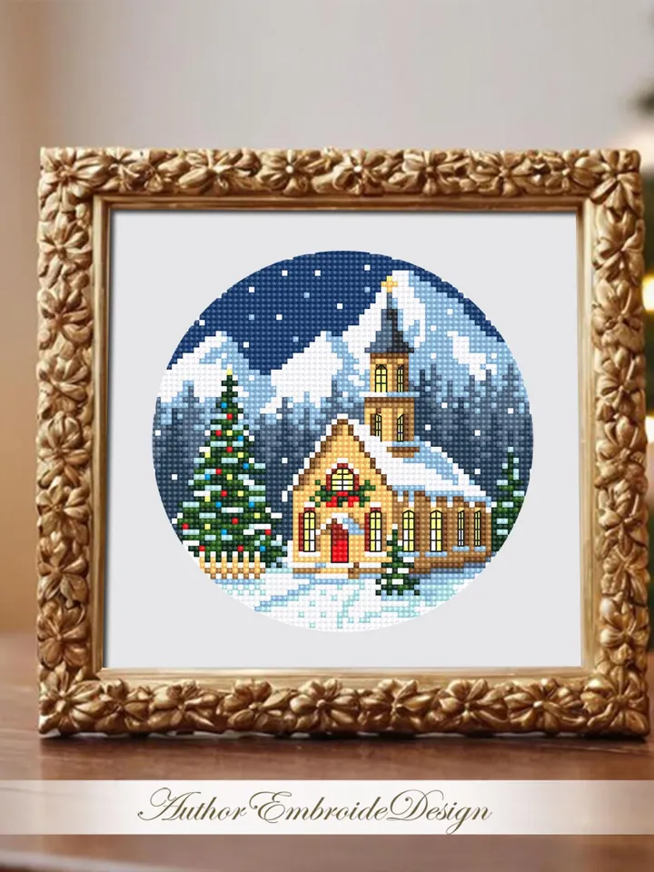 Christmas church cross stitch pattern PDF download Winter landscape cross stitch chart Christmas pattern digital PDF Christmas village #N179