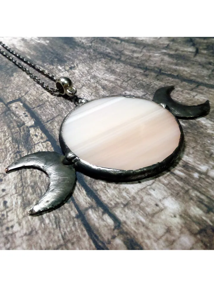 Hecate necklace, Moon Goddess, Stained glass moon, Moon phase necklace, Stainglass pink moon crescent, Full moon pendant