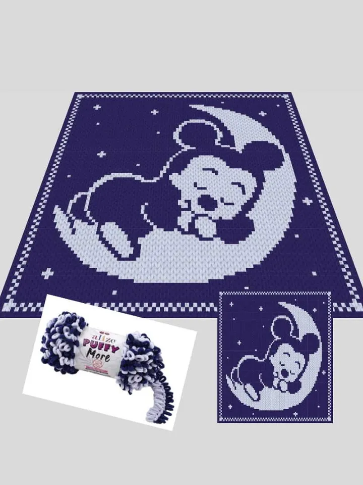Loop yarn Finger knitted Mickey on the Moon blanket pattern