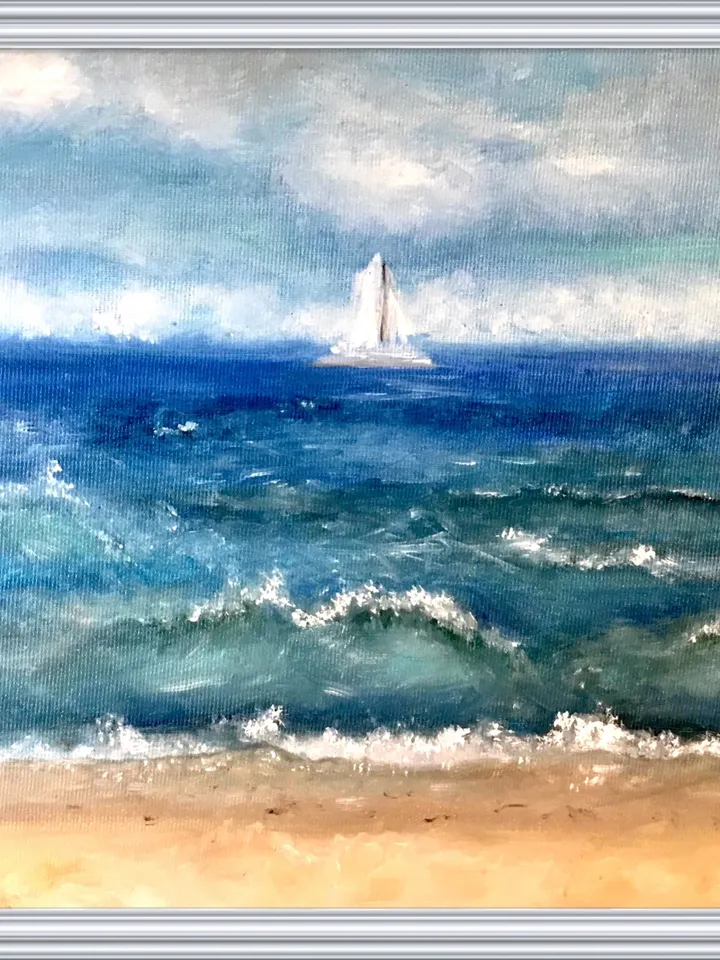 Seascape with a boat painting,Baltic sea and a beach,oil painting,stretched canvas.