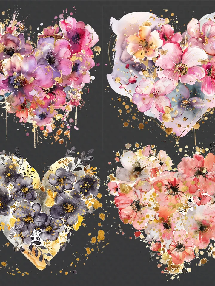 20 Floral Heart PNG Clipart, Watercolor clipart, Floral Heart sublimation, Golden Hear in flowers clip art, Digital download, junk journal