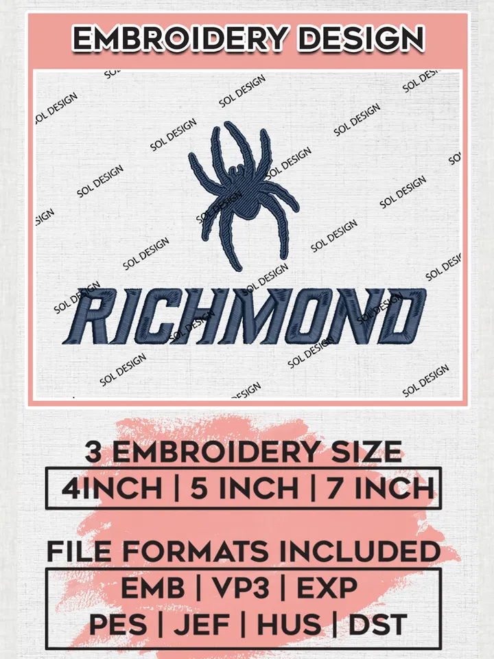 Richmond NCAA College Football Team Logo Embroidery Design Files, NCAA Richmond Spiders Machine Embroidery, NCAA Teams, 3 sizes, NCAA Machine embroidery designs, Digital Download
