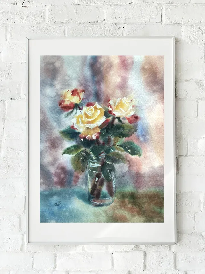 Roses Original Painting Flowers Watercolor Floral Wall Art Blooming Painting