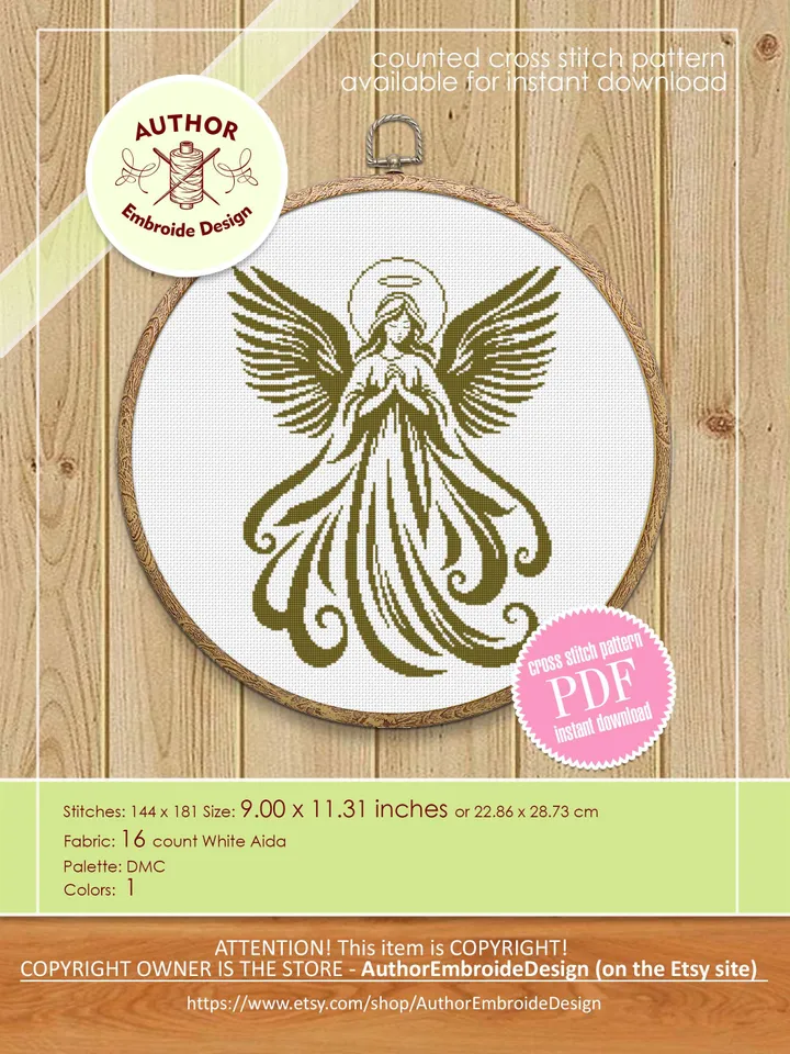 Guardian angel cross stitch pattern PDF download Angel silhouette cross stitch chart for beginner, Angel ornament pattern digital PDF #O16