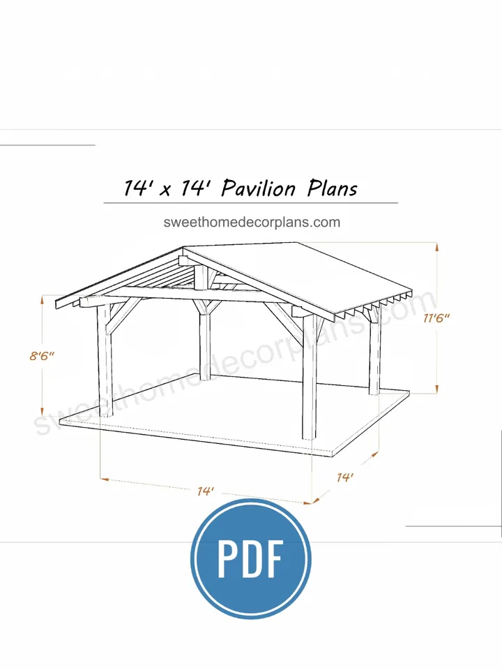 Diy 14 x 14 Gable Pavilion Plans in pdf. Square outdoor pavilion gazebo plans. Carport plans. Diy backyard wooden pavilion plans for outdoor.