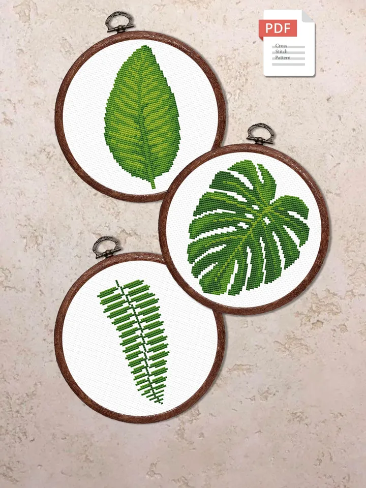 Set of 3 Leaf Cross Stitch Pattern, Flower Cross Stitch, Embroidery Monstera, Flowers xStitch, Monstera Leaf Cross Stitch Pattern #flw024
