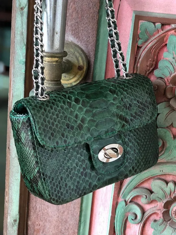 Dark green Crossbody Bag Genuine Python Skin | Adjustable Chain Classy Elegant snake Crossbody Small Lady Summer Bag | Python Purse