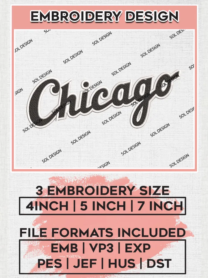 MLB Chicago Wordmark Logo Embroidery Files, MLB Chicago White Sox Team Embroidery, NCAA Teams, 3 sizes, Machine embroidery designs, Digital Download