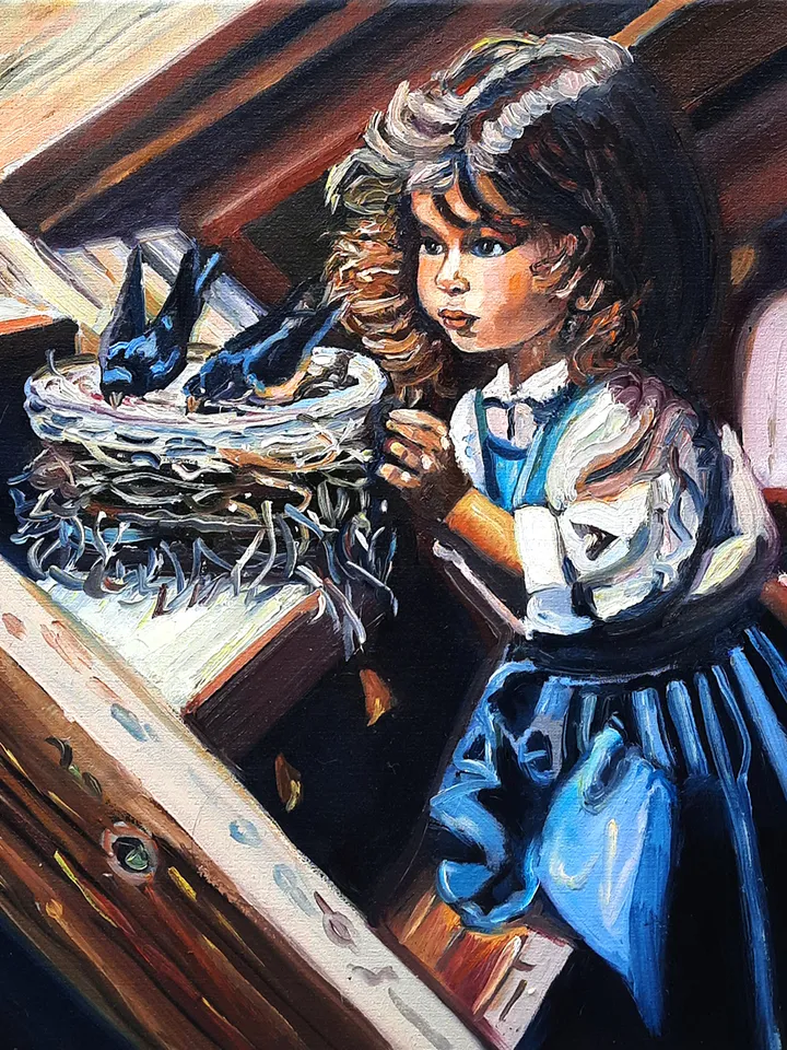Girl with birds Original Oil Painting Oil on canvas 12*12