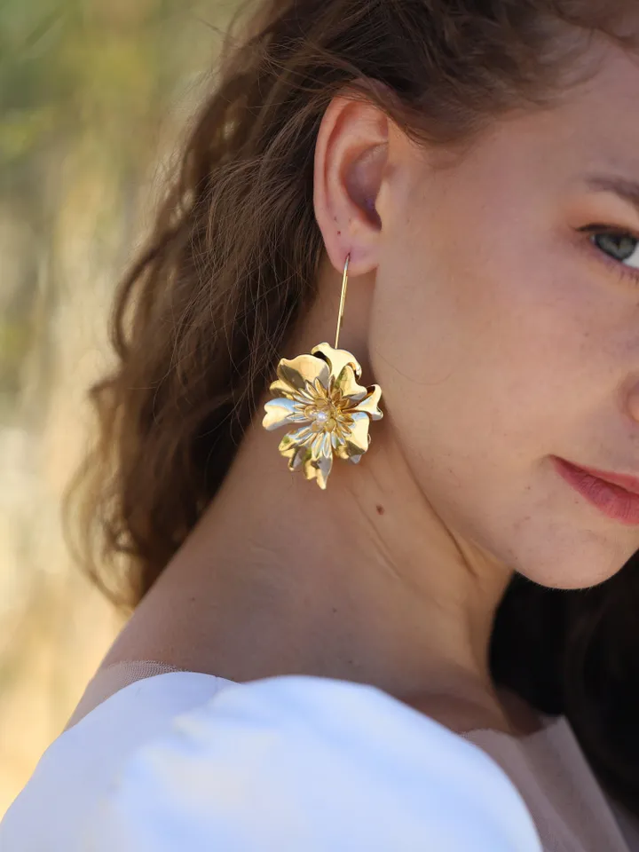 Boho Wedding Earrings, Flower Chandelier Statement Gold Bridal Earrings, Floral Wedding Earrings, Vintage Bohemian Jewelry, Bridesmaid Gift