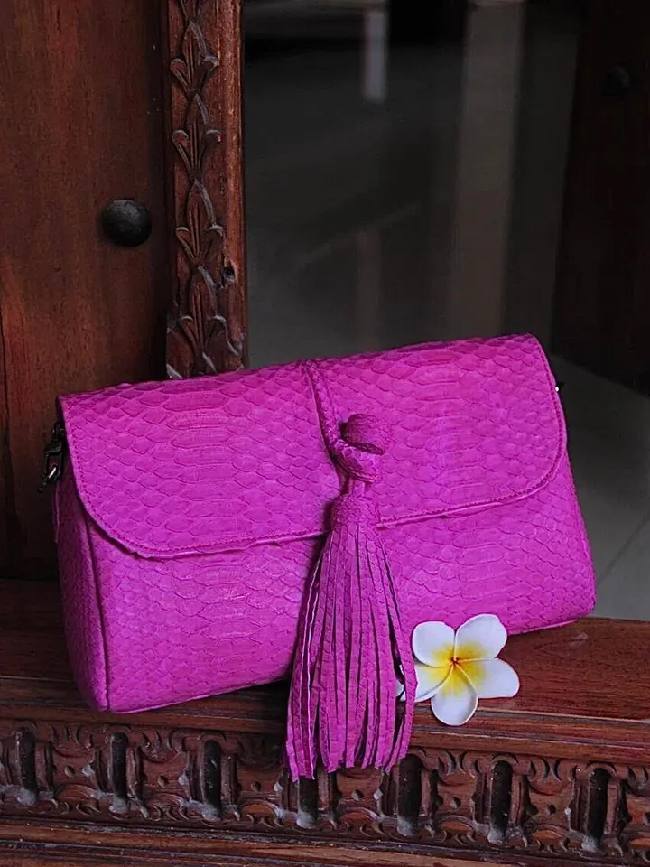 Genuine Python Skin Clutch with tassel |women purse | exotic leather bags | hot pink evening clutch | designer crossbody bag handmade