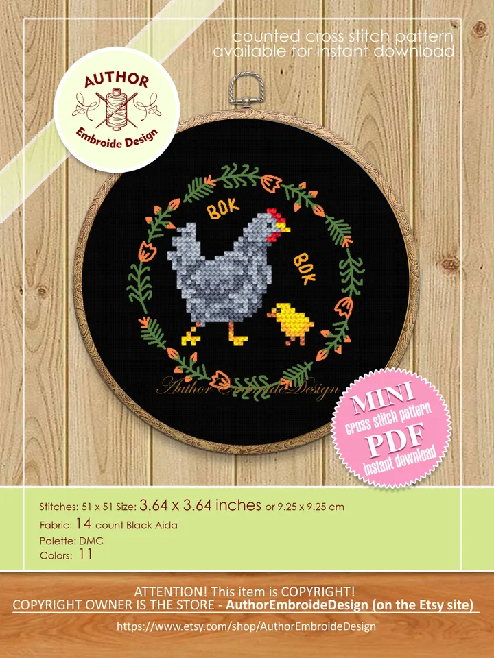 Floral Chicken cross stitch pattern PDF download Hen and Chick cross stitch chart, Small chicken pattern digital PDF, Chicken gift #K28