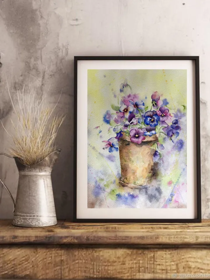 Pansies Painting Original Flowers Wall Art Floral Watercolor Pansies Art