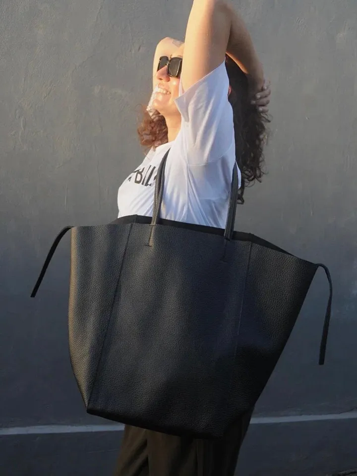 Genuine leather black tote shopper big bag / everyday purse / handmade bags / designer bags / summer bag / gift for her
