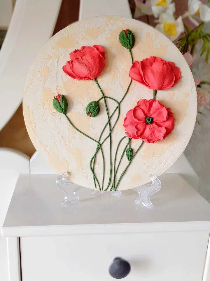 Round painting with 3D red poppies Poppies wall decor for Gift for woman Floral painting Wildflower Home decor Mom gift