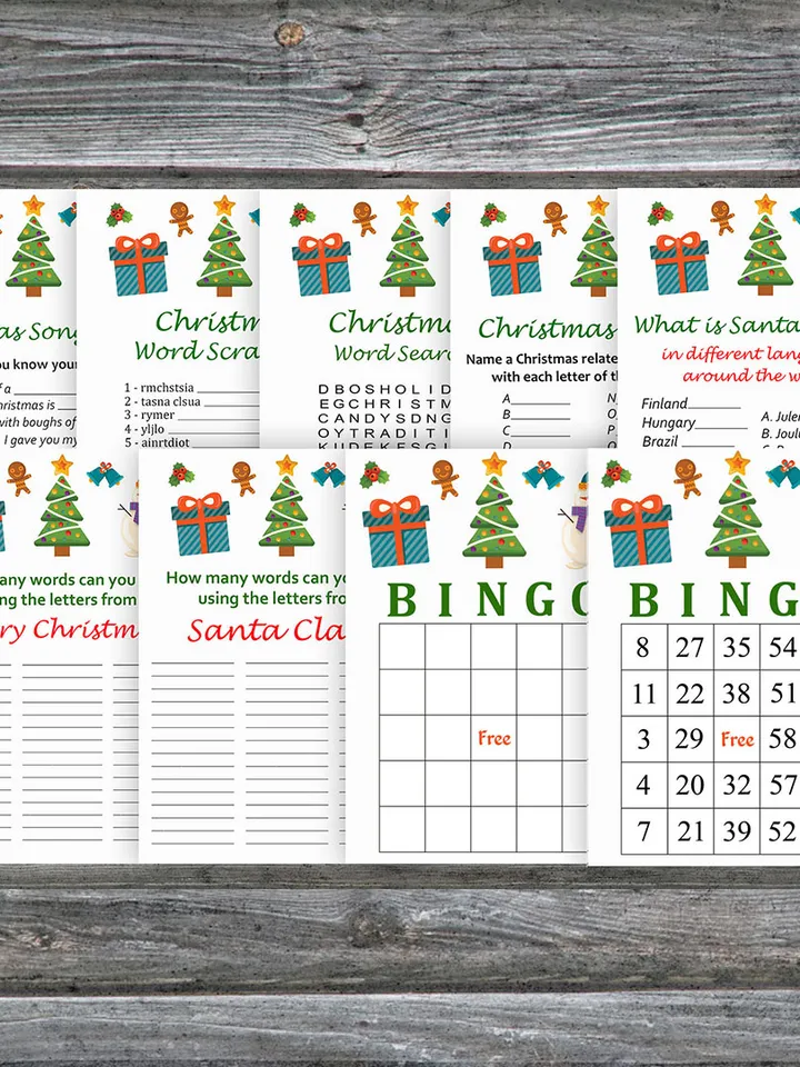 Christmas party games bundle,Printable Christmas Party Game Pack,Snowman and tree Christmas Trivia Game Cards