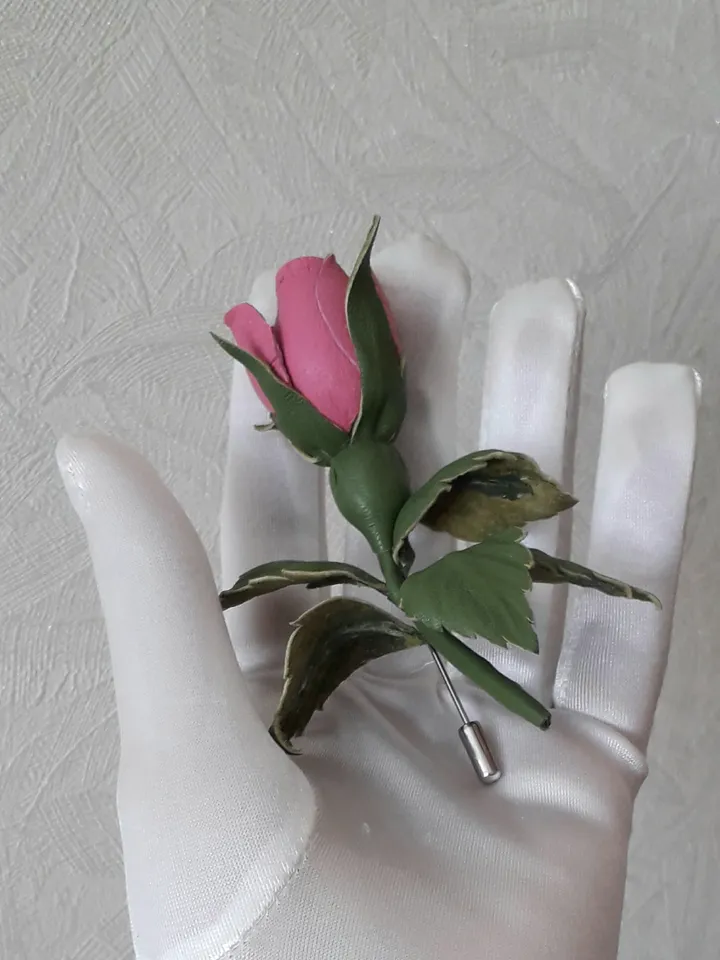 Pink rose leather brooch for her Leather jewelry