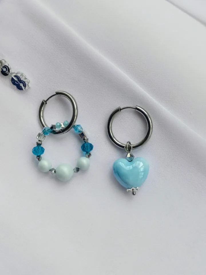 Handmade hoop earrings transformers with 6 pendants, blue and silver heart shaped earrings, Swarovski pearls earrings