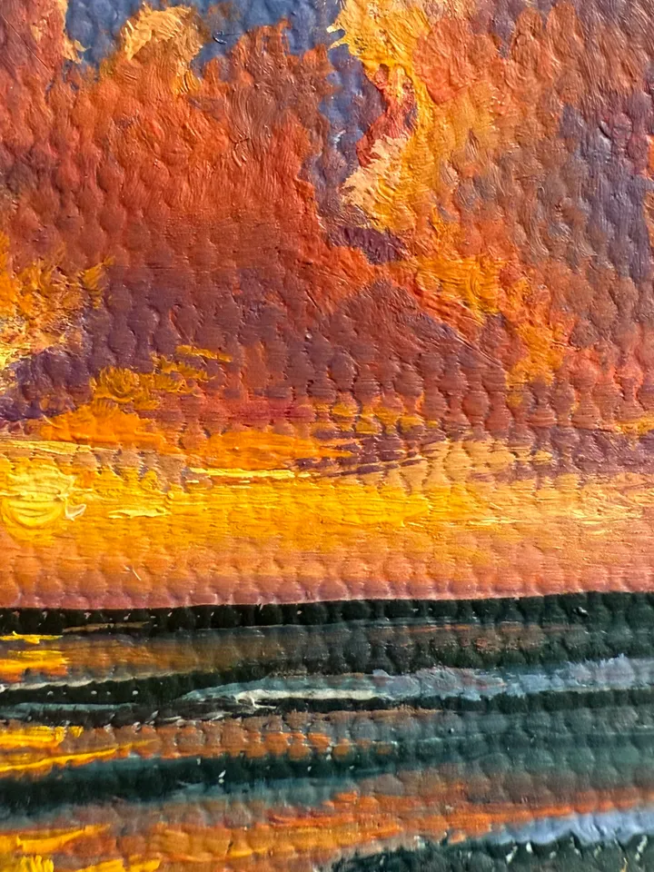 Small Landscape Oil Painting Framed Original Colorful Pink Clouds Antique Ocean Art Coastal Antique Frame Tiny Paintings 4 x 4 Art Victorian artwork