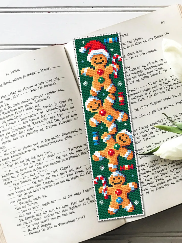 Christmas bookmark cross stitch pattern download PDF Gingerbread man cross stitch chart, Winter holiday embroidery PDF, Book lover gift #B84