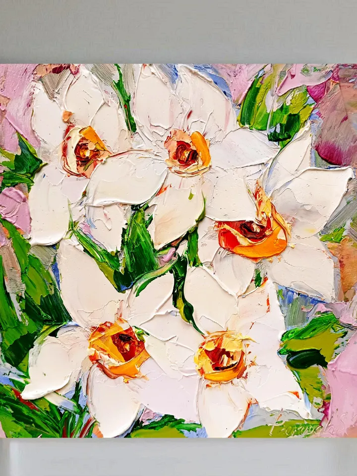 Daffodils Painting Impasto Original Art Flower Oil Painting Small Artwork Spring Flower Impressionist Art Gifts by ArtProkopaloSv