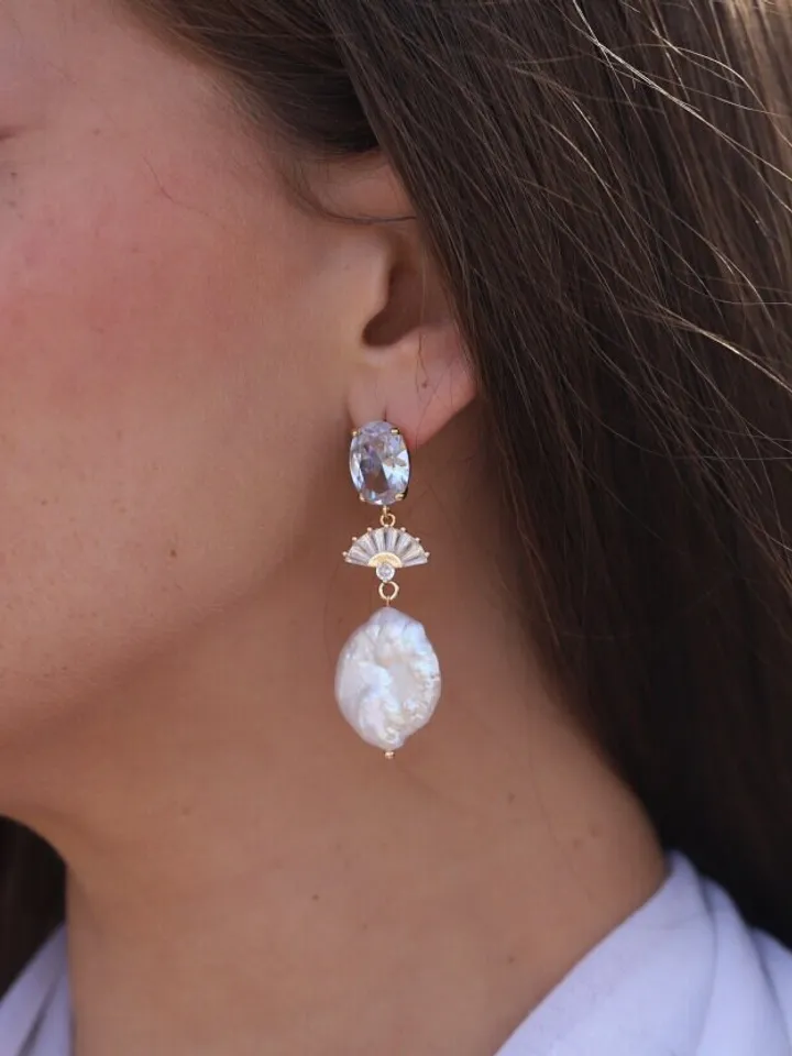 Big Baroque Pearl Art Deco Wedding Earrings, Gatsby Gold Bridal Earrings, Boho Wedding Earrings, Swarovski Statement Jewelry, 1920s Jewelry