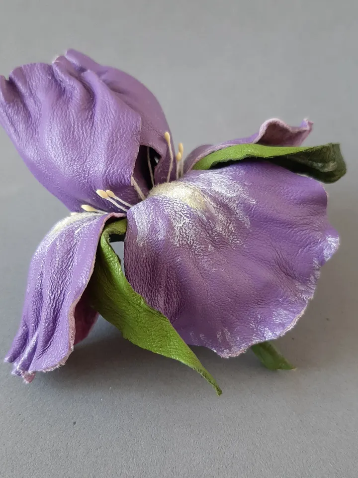 Lilac iris leather brooch for her , 3rd anniversary gift for wife, Leather women's jewelry