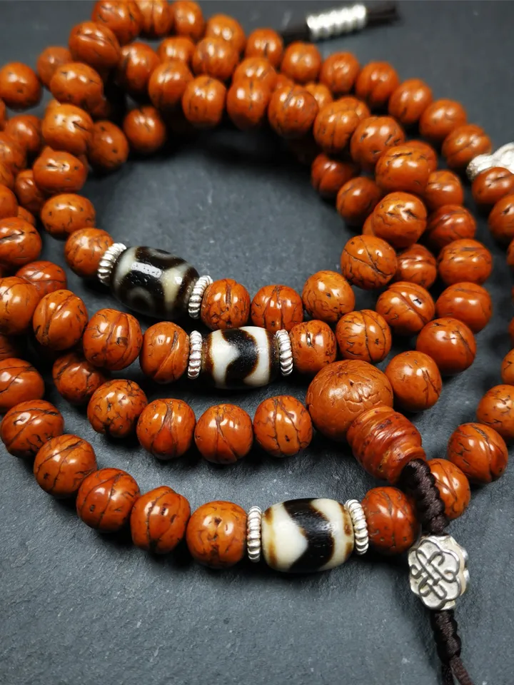 Gandhanra Old Tibetan Mala, 10mm / 0.4" 108 Bodhi Seed Beads + Dzi Beads,Prayer Beads,Tibetan Rosary for Meditation,Circumference 40"